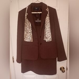 Jones Wear Brown 2 Piece with Jacket Scarf and Skirt Size 12